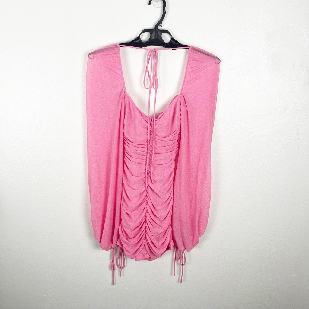 Lucy In The Sky Robin Glitter Pink Glitter Deep V -Neck Ruched Dress Small